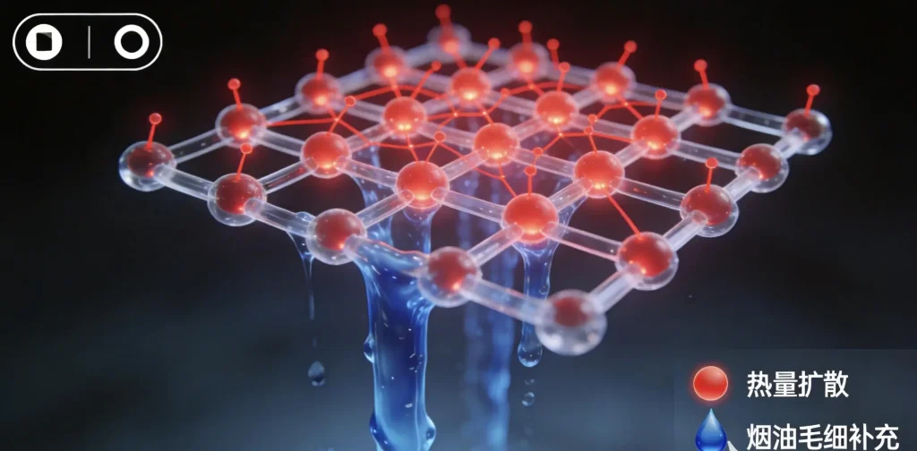 陶瓷网状线圈工作原理动态示意图:面状均匀加热与毛细主动供油